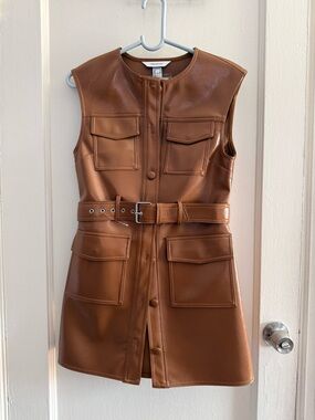 H&M XS Faux Leather Belted Mini Dress Cognac Brown NWT